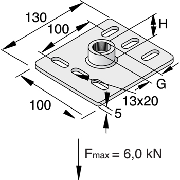Grondplaat Type H 100 x 130 x 5 mm M10 x 13 mm EV detail 2