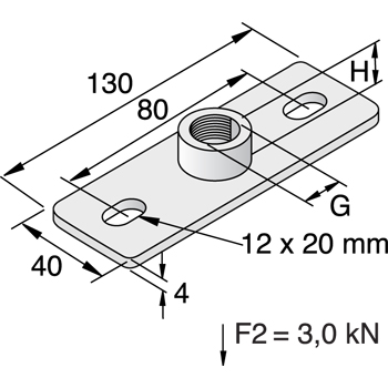 Grondplaat Type M 130 x 40 x 4 mm M10 x 12 mm EV uitlopend detail 2